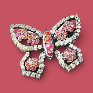 Vintage 80s Butterfly Brooch in pink red and white Rhinestones